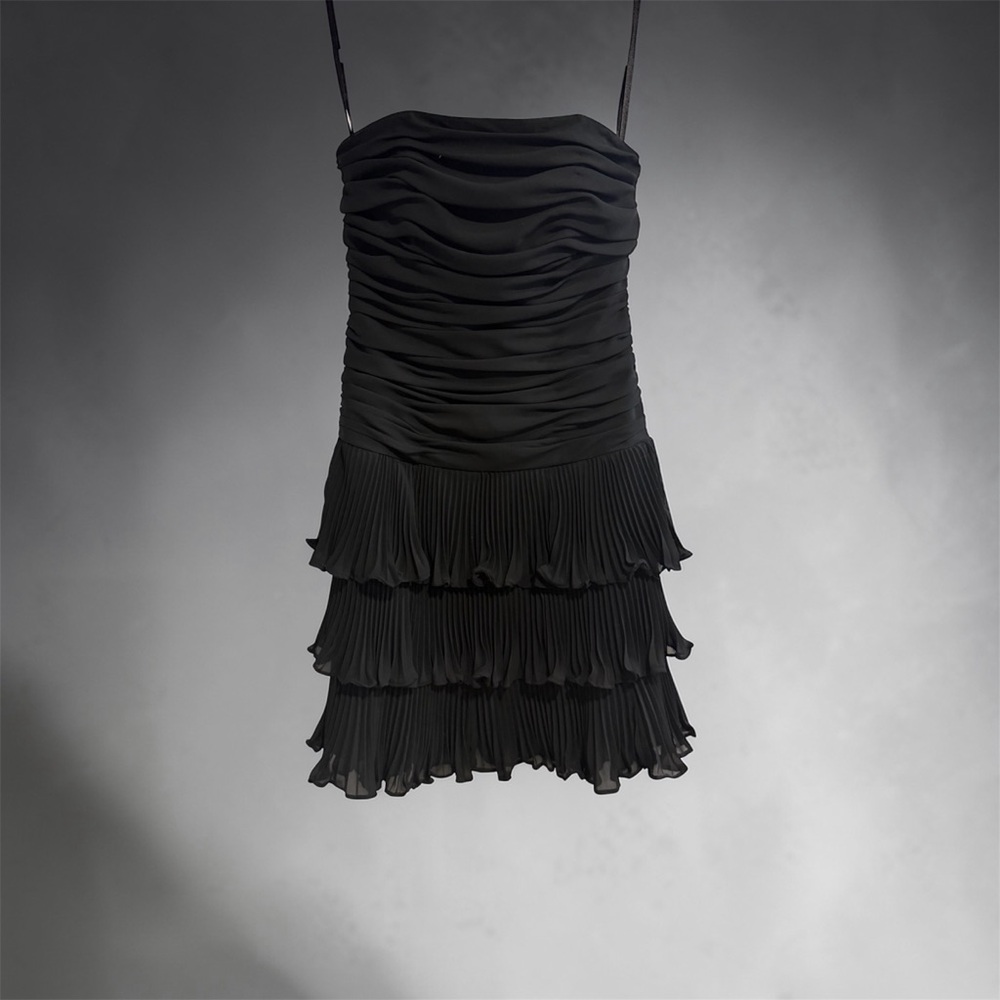 White House Black Market Black Strapless Tiered Ruffle Mini Dress
